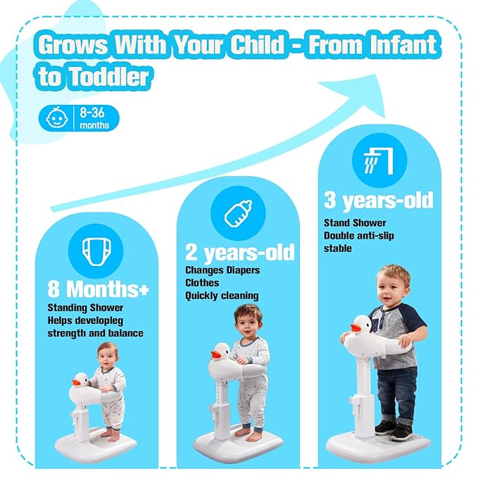 Adjustable Baby Shower Stand Support - Safety & Non-Slip Baby Bath Stand, Toddler Shower Stand for Infants 6-36 Months, Standing Bathtub Max 55 Lbs Capacity, Includes Shower Cap and Stool(Grey)