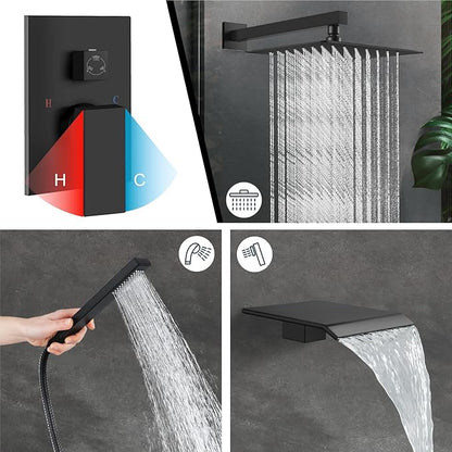Midanya Rain Shower System with Tub Spout,Tub Shower Faucet Set with rainfall Shower Head and Handheld Spray,Wall Mount Tub Shower Combo Rough-in Valve Included,10 Inch Matte Black