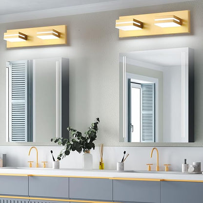 SineRise LED Modern Bathroom Vanity Light Fixtures (2-Light, 15.5-Inch, Dimmable), Matte Gold Modern Acrylic Bathroom Wall Lighting Fixtures Over Mirror (Cool White 6000K)