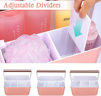 Portable Shower Caddy Tote: Divided Large Plastic Bath Basket Bin with Handles for College Dorm, Shower Storage Organizer for Bathroom Vanity Holds Shampoo,Conditioner Pink