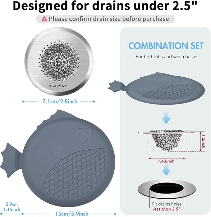 TRAPMATE Bathtub Stopper Drain Strainer Kit, 2.8" Easy Clean Tub Shower Drain Hair Catcher, Anti-Clog Stainless Steel Sink Cover, Bathtub Drain Protector Fit Wash Basin & Tub (Patented Product)