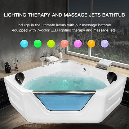 Corner Tub 2 Person Acrylic Whirlpool Bathtub,59" Corner Jetted Bathtub with Light,Spa Bath tub with 6 Jets,Hydro Massage Tub with Chromatherapy,White
