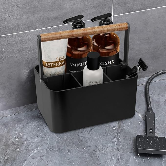 Portable Shower Caddy Dorm: Bathroom Caddy Organizer with Handle and Adjustable Dividers,Plastic Shower Basket for Toiletry,Makeup,Vanity,Shower Storage Tote for College, Cleaning Caddy, Black