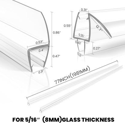 3 Pack Frameless Shower Door Bottom&Side Seal, 77" Long Clear PVC Shower Seal Strip for 3/8"(10mm) Thick Glass Shower Door, Stop Water Leaks Bind Doors