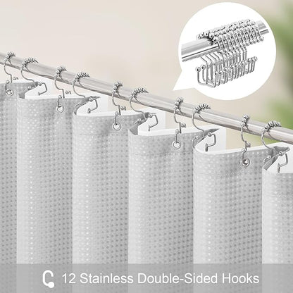 3 in 1 Extra Long Light Grey Shower Curtain Set-72 W x 84 H, Modern Waffle and PEVA Liner Set with 12 Stainless Steel Hooks, Waterproof Fabric for Bathroom