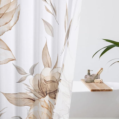 Small Stall Boho Watercolor Floral Shower Curtain 36 x 72, Brown and Grey Ink Painting Style Flower Shower Curtains for Chic Elegant Bathroom, Tan Artistic Narrow Half Size Shower Curtain