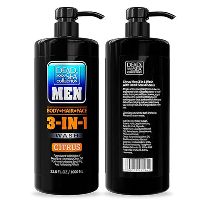 Dead Sea Collection Mens Body Wash 3 in 1 – Citrus Body Wash for Men – Shower Gel – Shampoo – Shower Soap for Face and Hair – Pack of 2 Bottles (33.8 Fl. Oz. Each)