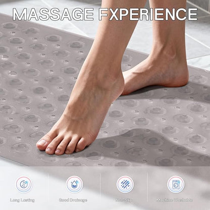 Anti-Slip Bathtub Shower mat, 39.3×15.7 inch（Approximately 100 × 40cm） Soft Oversized Machine Washable Non-Slip Bathtub mat with Drainage Holes, Bathroom Floor Suction Cup.（1-Clear Gray）