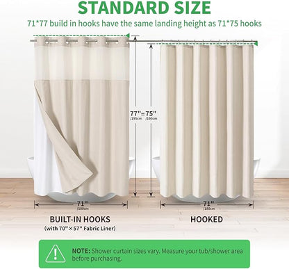 No Hooks Needed Linen Textured Shower Curtain with Snap-in Fabric Liner Set,Cream Hotel Luxury Decor Shower Curtains for Bathroom,Waterproof & Washable,71Wx77H
