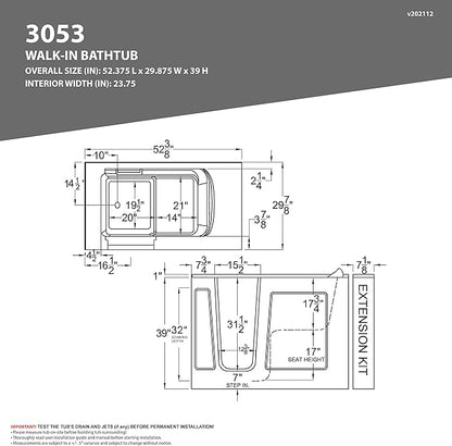 ANZZI Walk In Tub 53'' x 30'' Right Drain Oriented Tub in White, Easy Entry, Non-Electrical, Quick Fill, Slip-Resistant, Modern Chrome Trim