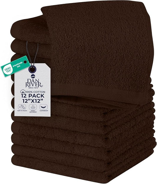 DAN RIVER 12 Pack Wash Cloths for Showering [12x12] - 100% Cotton Washcloths Premium Quality Flannel Face Cloths for Bathroom, Highly Absorbent and Soft Feel Wash Clothes, Brown
