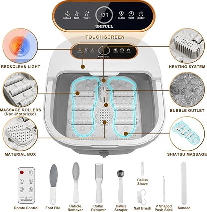 Collapsible Foot Spa Bath with Heat, Touch Screen, Remote Control, Massage Rollers, Timer, Bubble, Foot Pedicure Kit, Temperature Control Pedicure Foot Spa, Foot Bath