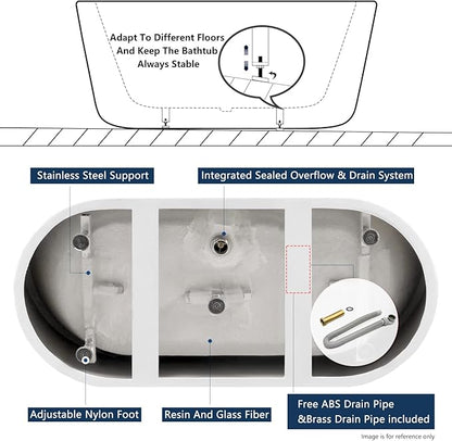 FerdY Nauru 67" Acrylic Freestanding Bathtub, Ergonomic Lightweight Classic Oval Soaking Bathtub with Toe-Tap Chrome Drain, Classic Slotted Overflow, Glossy White