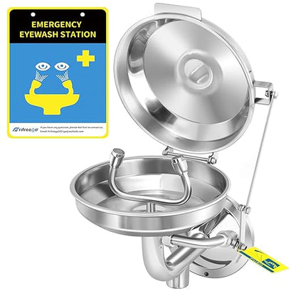 Eye Wash Station with Cover, Wall Mount Eyewash Station OSAH Approved, Stainless Steel Plumbing Eye Washing Unit, with Dual Spray & Mirror, NPT Threaded, Industrial& Commercial Grade Eye Wash Station