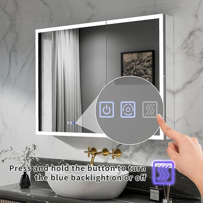 GroGro LED Lighted Bathroom Medicine Cabinet with Mirror,40" W x 30" H Medicine Cabinet with Lights,Surface or Recessed Mounting,Defog,Dimming,3-Color Temperature Adjustment