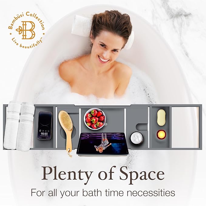 Wooden Bathtub Tray - Foldable & Expandable Bamboo Bath Tray for Tub with Wine Holder, Book & Tablet Stand - Bath Caddy Tray for Bathtub, Spa Bath Accessories, Tub Tray Table, Gift Idea for Her (Gray)