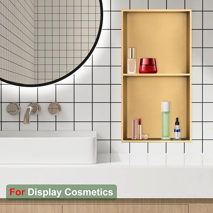 Shower Niche,12 * 24 Stainless Steel Elegant Bathroom Niche, No Tile Needed Recessed Shower Shelf Organizer for Storage,Gold