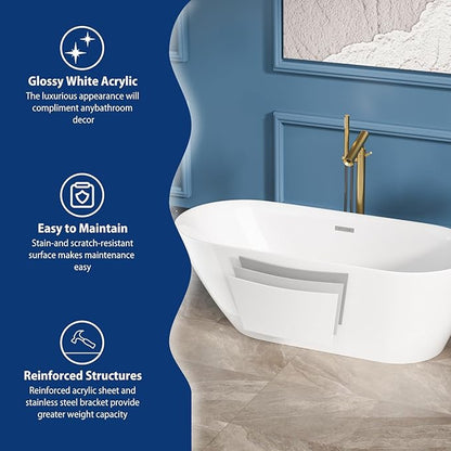 Sarlai 67 Inch Acrylic Freestanding Soaking Bathtub Contemporary Soaking White Tub Stand Alone Ergonomic Bathtub with Chrome Drain and Overflow