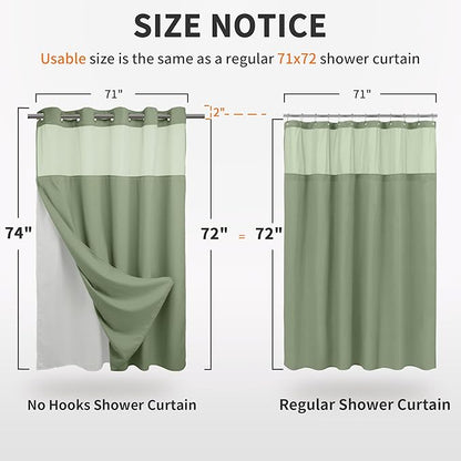 River Dream Green Heavyweight No Hooks Required Shower Curtain with Snap in Liner - Dotted Waffle Weave,Hotel Grade,Spa Like Bath Curtain,71W x 74H
