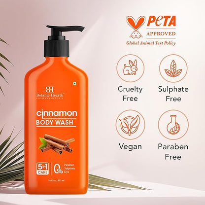 Botanic Hearth Cinnamon Body Wash – Invigorating 5-in-1 Shower Gel with Natural Cinnamon Extract, Hydrating Cleanser for All Skin Types, Sulfate & Paraben Free – 16 fl oz