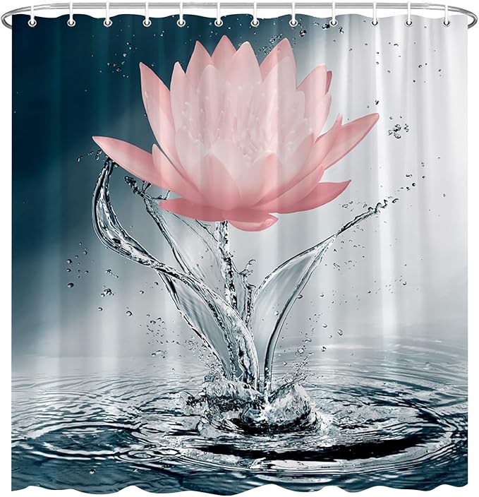 Lotus Shower Curtain Black White Blue Red Flower Elegant Blooming Floral with Dew Spring Flower Reflection on Water Modern Romantic Polyester Fabric Bathroom Decor 70×78 Inch with Hook