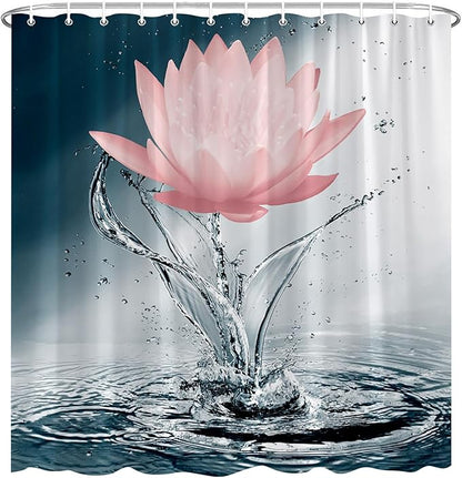 Lotus Shower Curtain Black White Blue Red Flower Elegant Blooming Floral with Dew Spring Flower Reflection on Water Modern Romantic Polyester Fabric Bathroom Decor 60×70 Inch with Hook