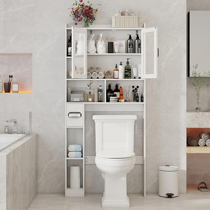 Vabches Over The Toilet Storage Cabinet, Farmhouse Storage Cabinet Over Toilet with Acrylic Doors，Home Space-Saving Toilet Rack, for Bathroom, Restroom, Laundry, White
