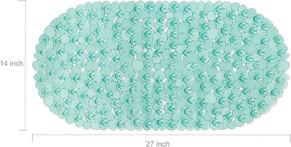 WELTRXE Pebbles Bathtub and Shower Mat Non Slip, Oval Bath Mats for Bathroom Tub Washable with Suction Cups, Drain Holes, BPA Free, 27 x 14 Inch, Dark Green