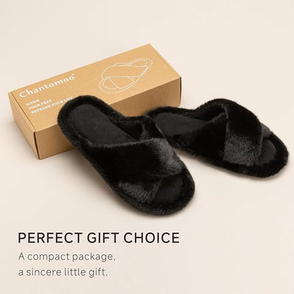 Chantomoo Womens Slippers Memory Foam Fuzzy Cross Band Faux Fur Slippers for Women Gift