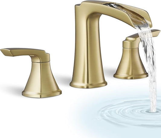 Brass Waterfall Tub Faucet, 3 Hole Brushed Gold Bathtub Faucet Set, 6-16 Inch Widespread Deck Mount with 2 Handle & cUPC Supply Water Hoses for Roman Style, 20 Mins Quick Installation