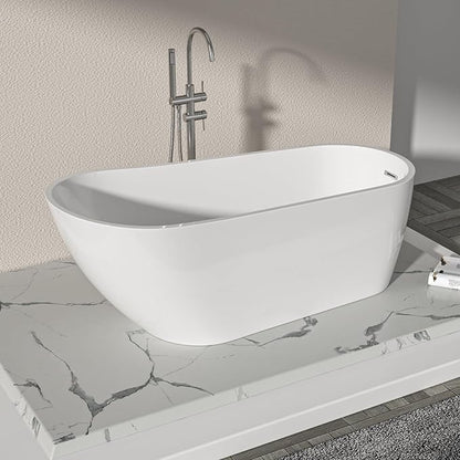 Logmey 67 Inch White Acrylic Freestanding Bathtub Oval Shape Soaking Tub with Chrome Drain & Overflow Assembly for Classic and Modern Bathrooms