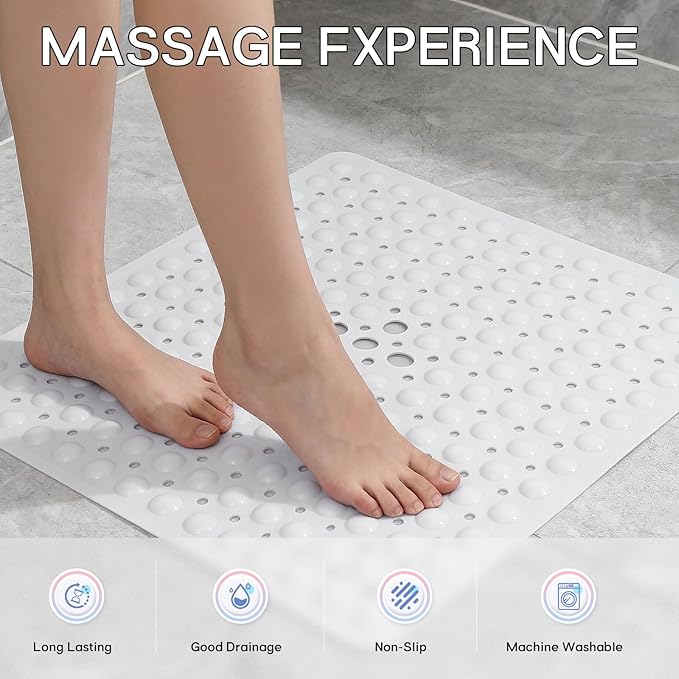 Anti-Slip Bathtub Shower mat, 20.8×20.8（Approximately 53×53cm） inch Soft Oversized Machine Washable Non-Slip Bathtub mat with Drainage Holes, Bathroom Floor Suction Cup.（1-Opaque White）