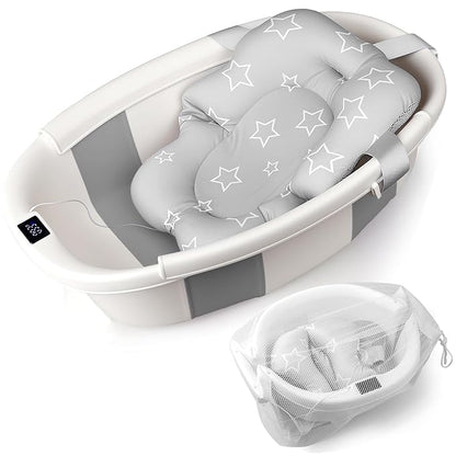 Baby Bathtub, Baby Bath Tub with Thermometer & Soft Cushion, Collapsible Infant Bathtub for Newborn to Toddler 0-36 Months, Quick Use & Portable for Travel(Grey)