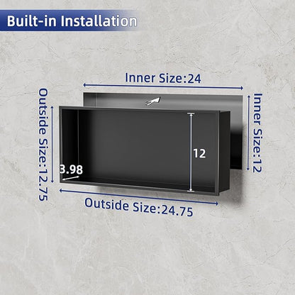 304 Stainless Steel Recessed Shelf,Over Mount Installation for Bathroom & Shower Wall,Waterproof (Black, 24 X 12 X 4 Inches)