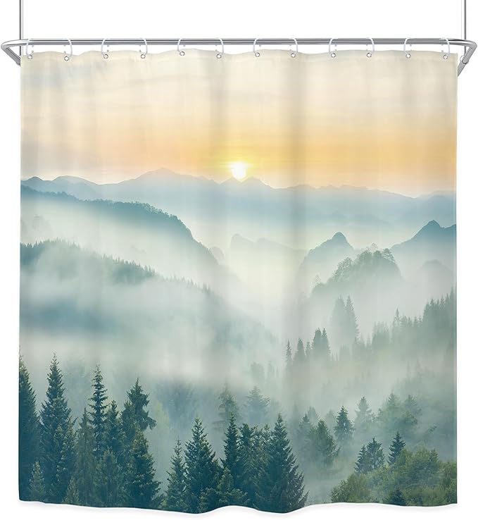 Riyidecor Extra Long Mountain Shower Curtain 72Wx78H Inch Green Yellow Sunset Sunrise Misty Scenery Landscape Nature Woodland Greenery View Bathroom Decor Fabric Polyester Waterproof 12 Pack Hooks