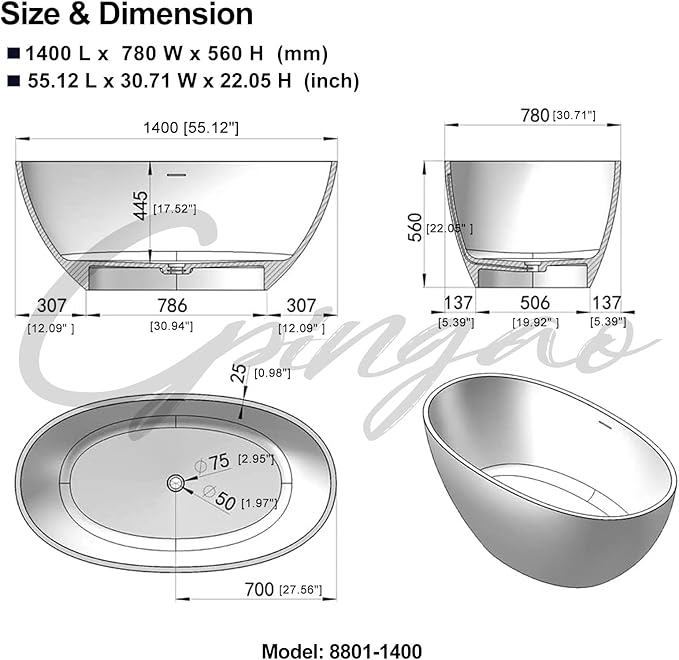 Cpingao 55" Freestanding Bathtub, Oval Shaped Stone Resin Freestanding Tubs, Solid Surface Matte White Soaking Tub with Overflow and Pop-up Drain