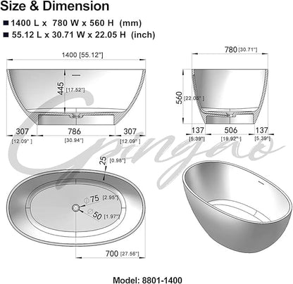 Cpingao 55" Freestanding Bathtub, Oval Shaped Stone Resin Freestanding Tubs, Solid Surface Matte White Soaking Tub with Overflow and Pop-up Drain