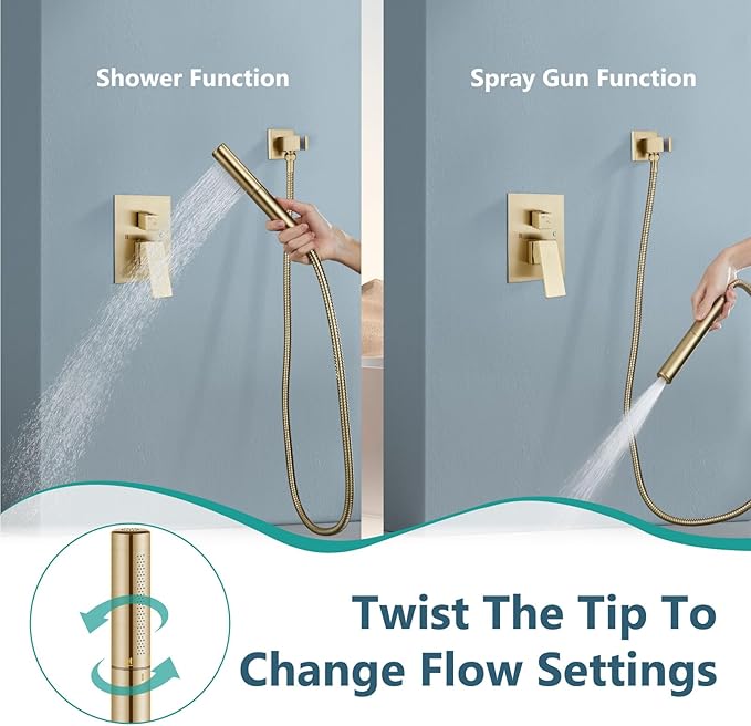 Aolemi Shower Faucet Set, High Pressure Shower System with 2-in-1 Handheld Sprayer, Wall Mount Fixture Combo with Rough-in Valve, 16 Inch Shower Head, Brushed Gold