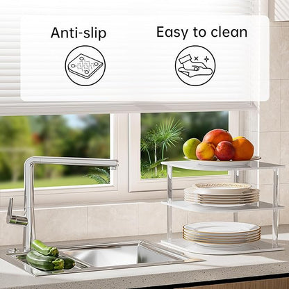 Plate Organizer for Cabinet Space Saver - Acrylic Corner Shelf for Dishes, Bowls, 3-Tier Kitchen Countertop Cabinet Organization, Dinner Plates Holder, and Small Shelf for Bathroom Storage - White