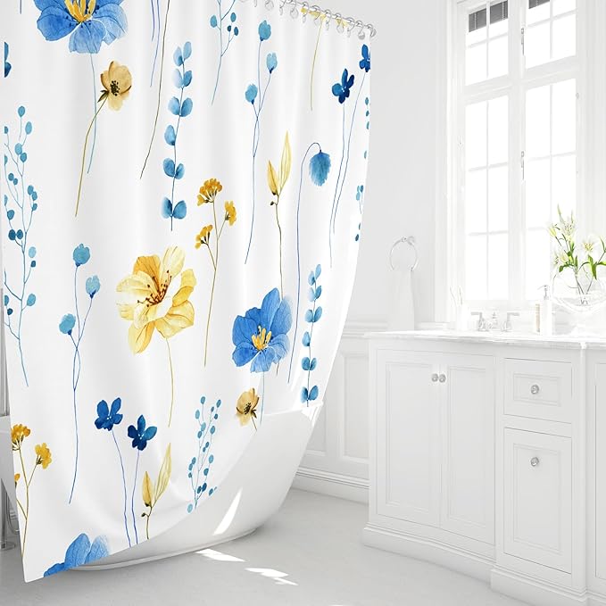 Gibelle Watercolor Floral Shower Curtain, Blue Yellow Flower Shower Curtain for Bathroom, Modern Minimalist Waterproof Fabric Shower Curtain Set 72x72 Inch