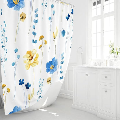 Gibelle Watercolor Floral Shower Curtain, Blue Yellow Flower Shower Curtain for Bathroom, Modern Minimalist Waterproof Fabric Shower Curtain Set 72x72 Inch