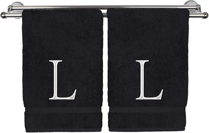Monogrammed Hand Towel, Personalized Initial Gift, Extra Absorbent 100% Turkish Cotton - Soft Terry Finish - Set of 2 - White Block Initial L - Embroidered on Black Towels