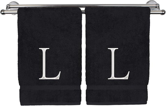 Monogrammed Hand Towel, Personalized Initial Gift, Extra Absorbent 100% Turkish Cotton - Soft Terry Finish - Set of 2 - White Block Initial L - Embroidered on Black Towels