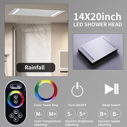 Digital Display Shower System Brushed Nickel Shower Faucet Set with 14X20 inch Ceiling Mounted Shower Head and 8 inch Wall Mounted Shower Head Combo, Handheld Shower