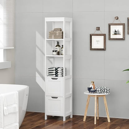 HOMEFORT Bathroom Storage Cabinet, Slim Tall Cabinet, Narrow Floor Cabinet Organizer, Wooden Linen Tower with 2 Drawers and 3 Shelves, Freestanding Cupboard White