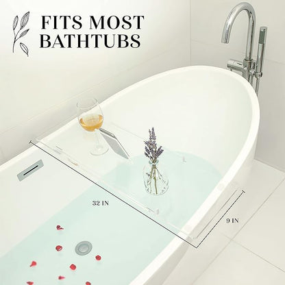 32" Supreme - Clear Acrylic Bathtub Tray Caddy Tub Shelf, Spa Board Luxury Bathroom Bath tub Table, Fits Across Bathtubs, Book, iPad and Wine Glass Holder (Supreme, 32")
