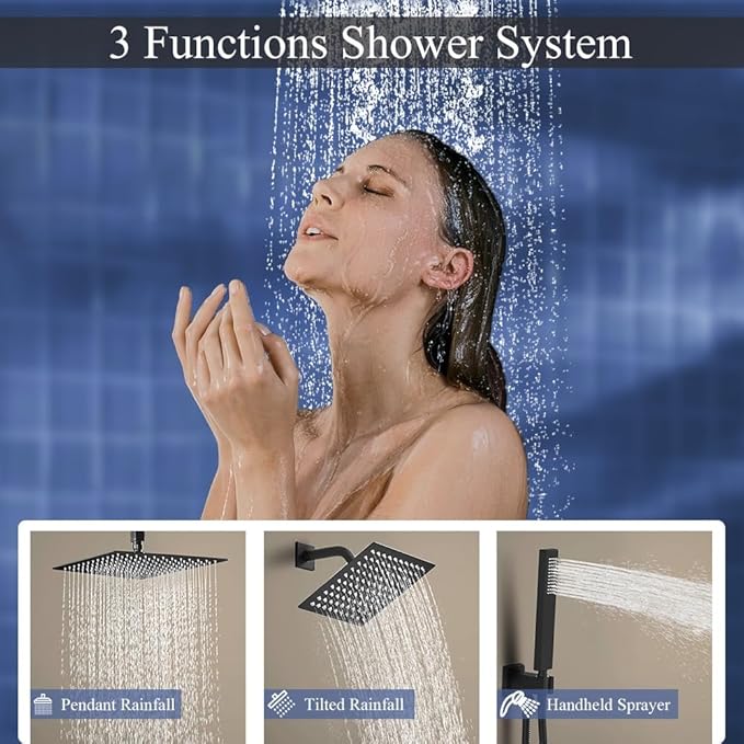 Shower Faucet Set Matte Black Shower System, Knob Switch Diverter Shower Faucet with High Pressure Handheld Spray, Ceiling Mount 12 Inch Shower Head with 6 Inch Wall Mount Shower Head