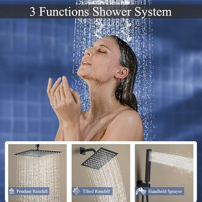 Matte Black Shower System, Knob Switch Diverter Shower Faucet Set with High Pressure Handheld Spray, Ceiling Mount 10 Inch Shower Head with 6 Inch Wall Mount Shower Head
