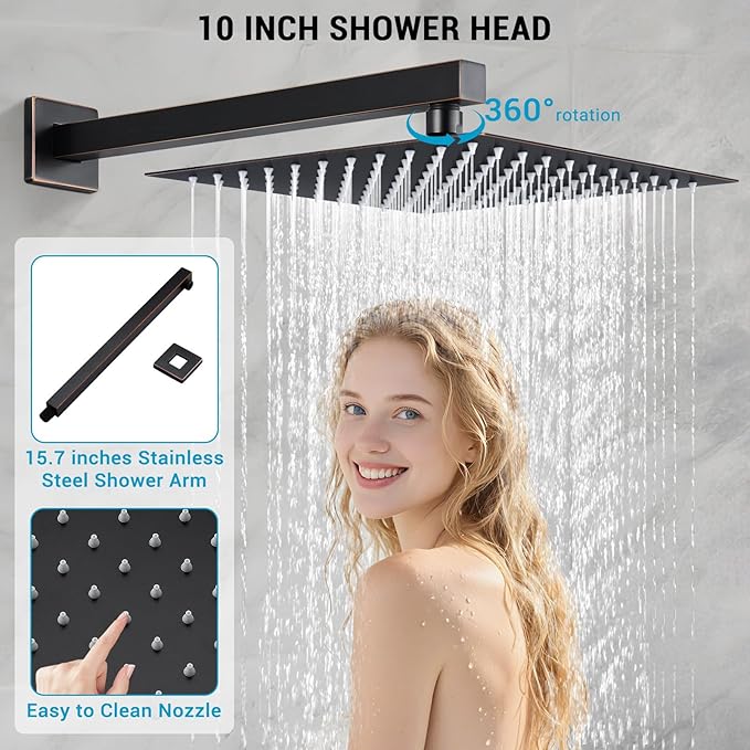 Shower Faucet Set, Wall Mount 10 Inch Square Rainfall Shower Head and Handle Set Single Handle Shower System Set with Female Threads Valve Body and Trim Included (Oil Rubbed Bronze)