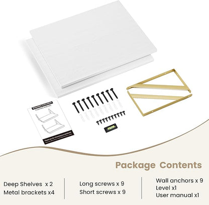 Dreamland Gold Shelves for Wall, White Wood Wall Mounted Shelves, Large Floating Shelf 12 * 24 inch Set of 2 for Bookshelf Living Room Bedroom Home Office Bathroom